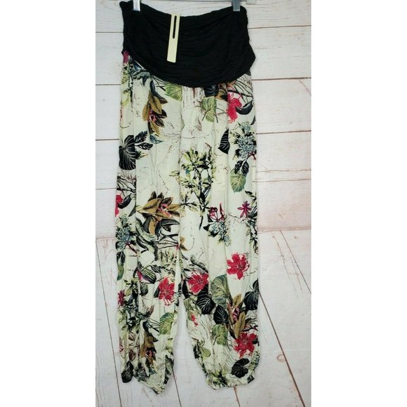 Bai Sheng GT Women's Beige Cream Floral Print Wide Elastic Leg & Waist Pants - Picture 5 of 12